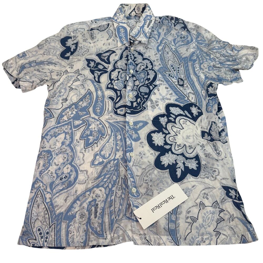 Brioni Men's Blue White Cotton Short Sleeve Paisley Button Up Shirt Italy